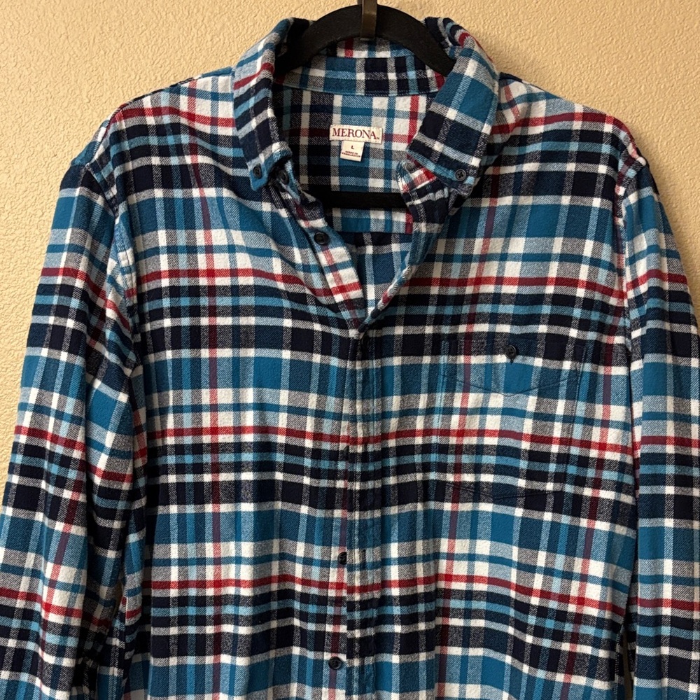 Merona Blue Red White Plaid Flannel Button Down Shirt Mens LARGE